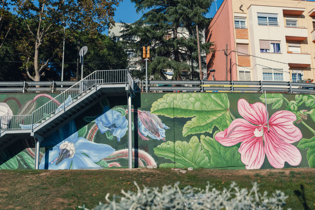 Art urbà DOA OA – Reforestant la Flora Silvestre, mural 120m Passeig Fabra i Puig, Nou Barris