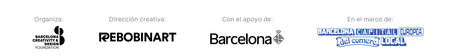 Logos de Persianes que fan barri: organiza BCD, dirección creativa Rebobinart, con el apoyo del Ayuntamiento de Barcelona, en el marco de la Capitalidad Europea del Comercio Local 2026