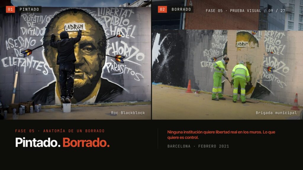 Diapositiva «Pintado. Borrado.» de la presentación de Rebobinart en The Wall: mural de Roc Blackblock pintado y borrado por la brigada municipal, Barcelona 2021