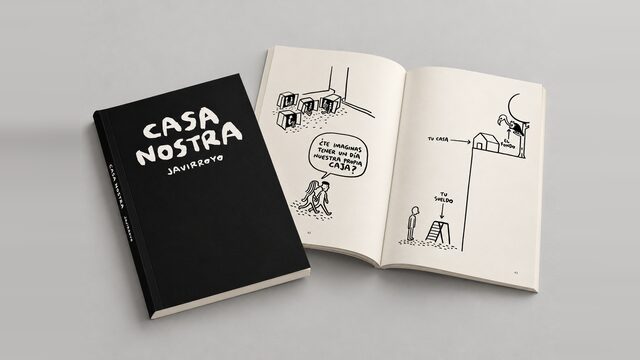 El llibre CASA NOSTRA de Javirroyo: la coberta negra i un exemplar obert amb vinyetes sobre l'habitatge