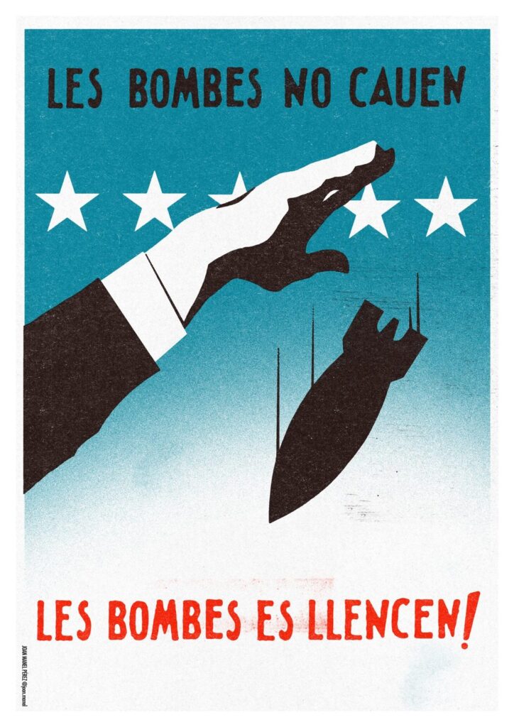diari-accio-palestina-cartell-les-bombes-es-llencen Cartell central del diari Acció Palestina: Les bombes no cauen, les bombes es llencen, il·lustració de Joan Manel Pérez, Rebobinart 2026
