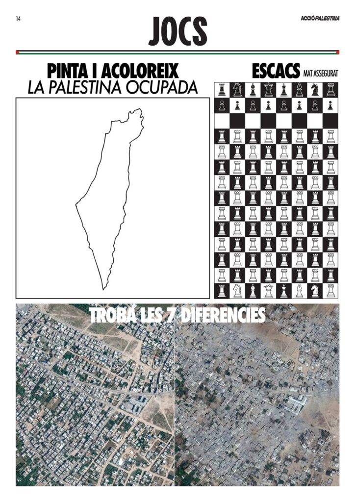 diari-accio-palestina-jocs Pàgina de jocs del diari Acció Palestina amb el mapa de la Palestina ocupada per pintar, escacs i set diferències, Rebobinart 2026